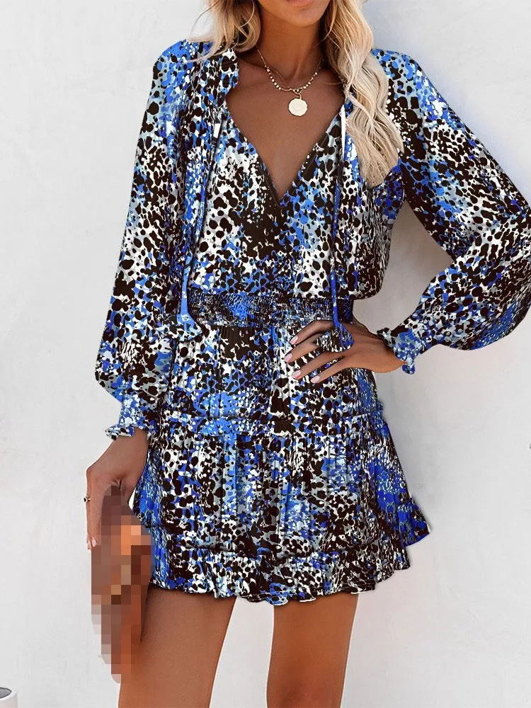 Women's Spring Summer New Long Sleeve Sexy V-neck Fashion Printed Waist Drawstring Short Dress For Women