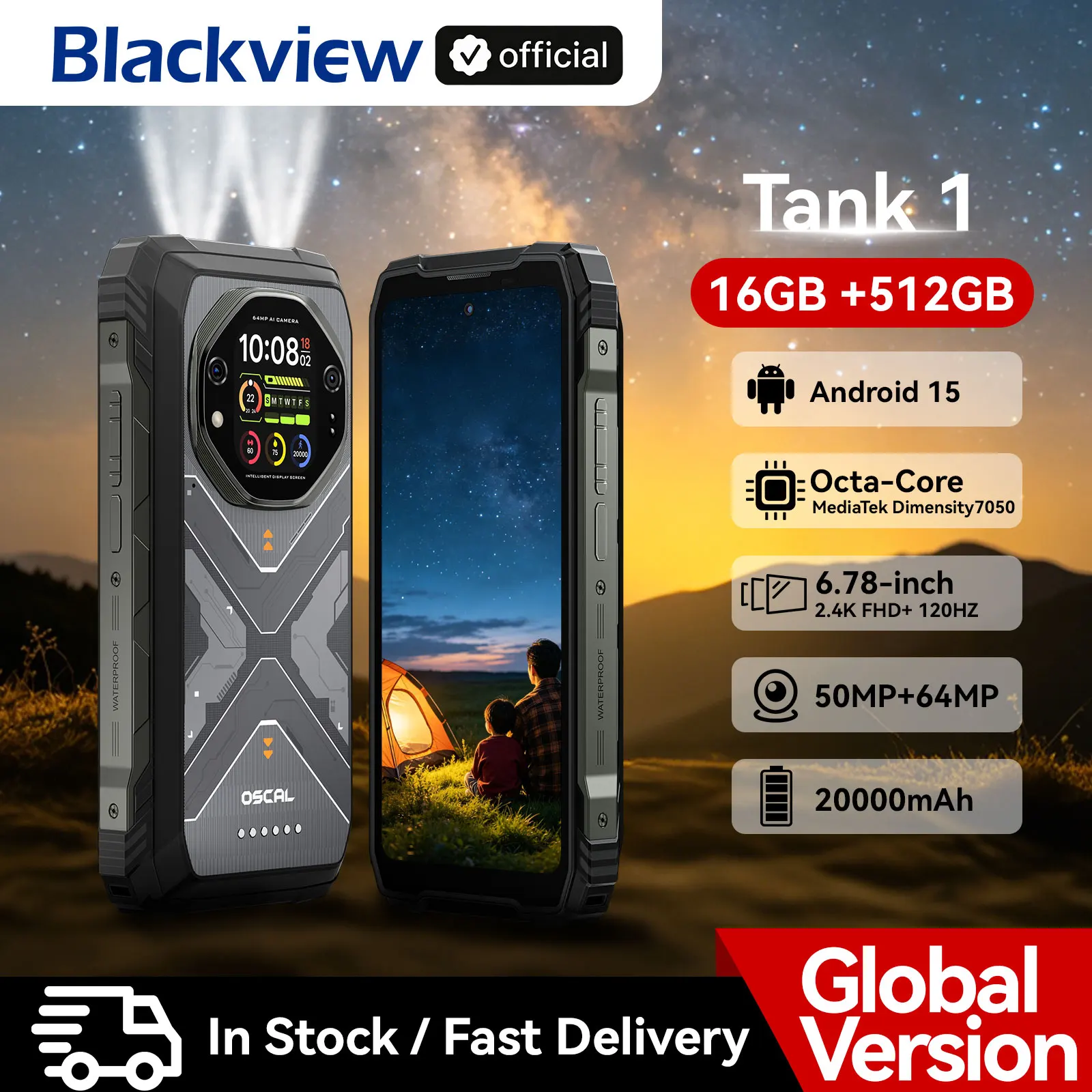 Blackview OSCAL TANK 1 5G Outdoor-Smartphone, 20000mAh Akku, 6,78" 120Hz FHD+ Display, 16GB+512GB, 64MP+50MP Kamera, Outdoor-Handy