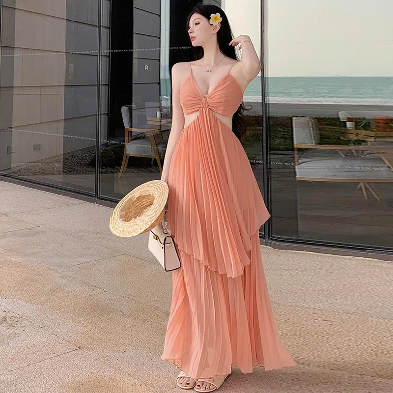 

Summer Women's casual Suspender Dress French Sexy Irregular Waist Slim Long Skirt Ladies Seaside Holiday Photo Dress Beach Skirt