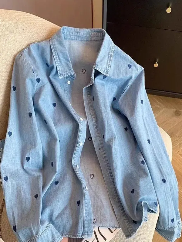 

Синий Ne Denim irt, женские большие размеры, весна-осень, повседневные дышащие длинные свечи на пуговицах, повседневные, с узором «любовь»