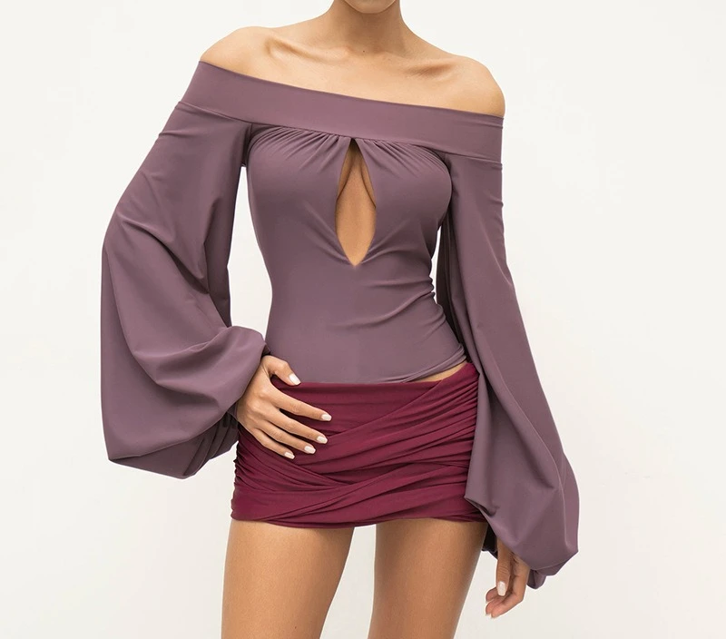 

Women's Summer New Solid Color One Collar Lantern Sleeve Hollow Top for Women