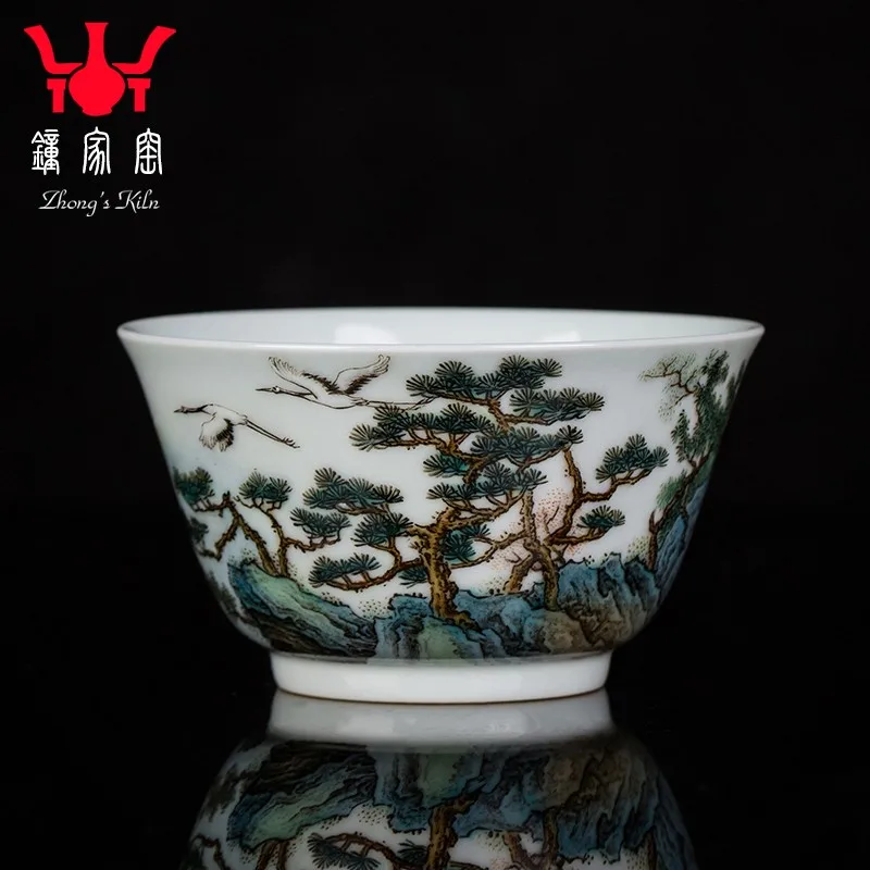 Zhongjia Kiln Ceramic Cup Jingdezhen Handmade Tea Set Pine Crane Yannian Master Cup Single Cup Kombucha Tea Cup