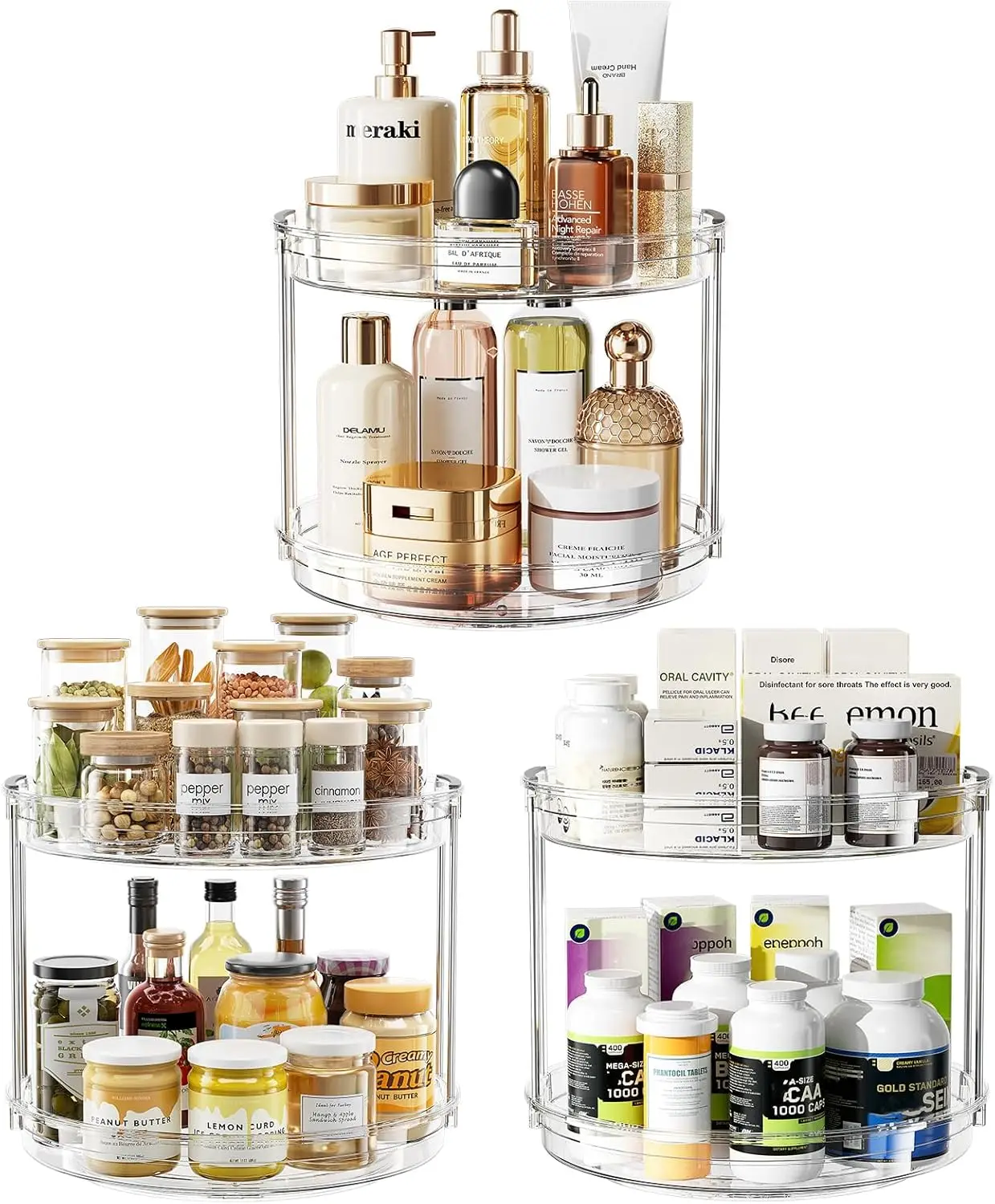 

3 Pack 10.6'' 2-Tier Lazy Susan Turntable Organizer Rotating Spice Rack Organization For Cabinet, Kitchen, Pantry, Countert