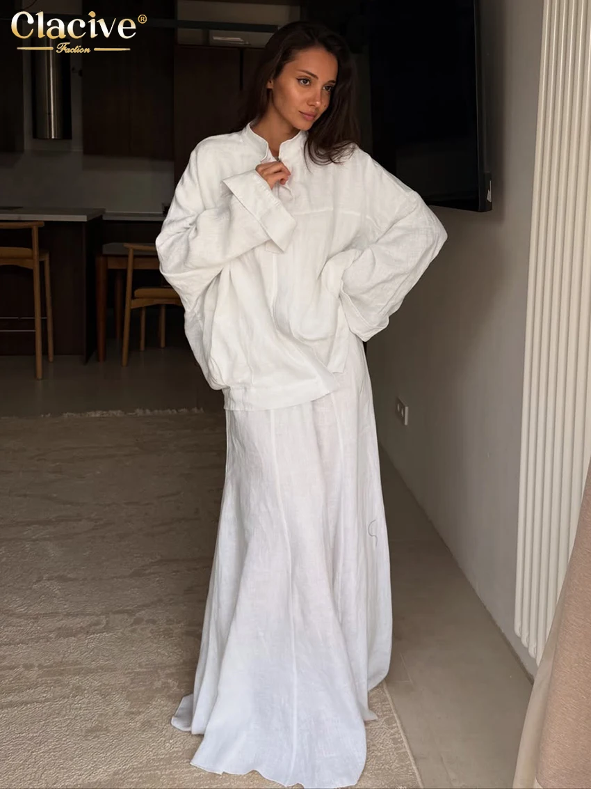 Clacive Fashion Loose White Cotton Women 2-Piece Sets Elegant Long Sleeve Shirt With High Waist Maxi Skirt Set Female Clothing