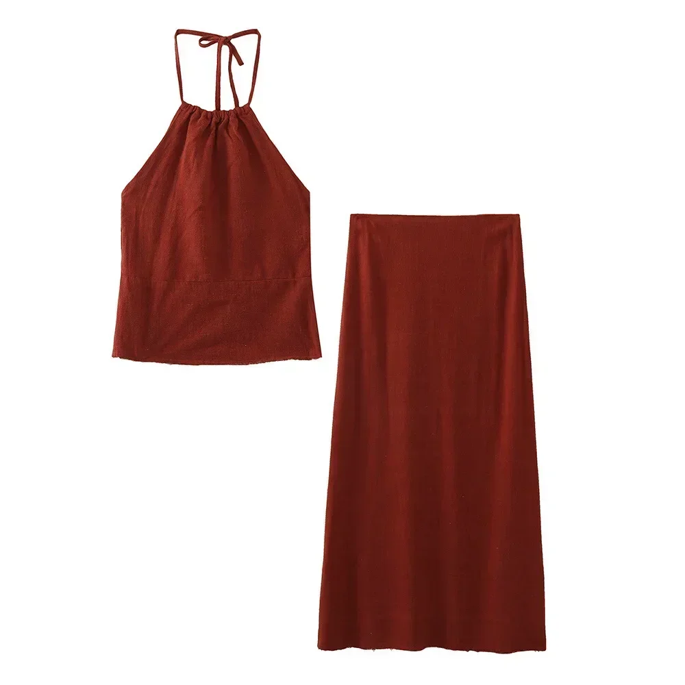 Two Piece Set For Women Satin Midi Long Skirts Sleeveless Off Shoulder Solid Color Sexy Cropped Top A-line Skirt Set 2 Piece