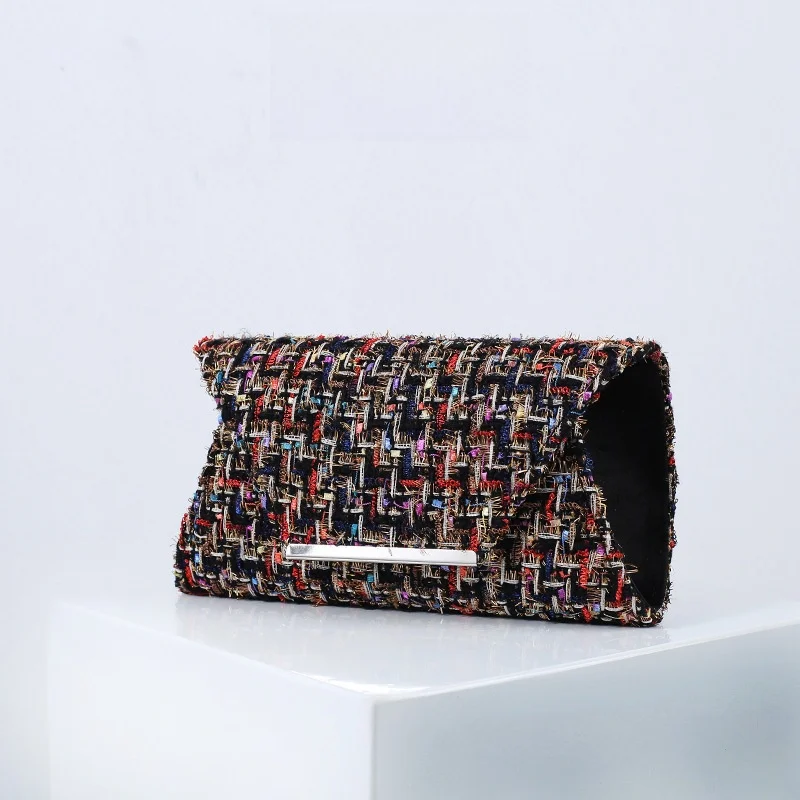 

Ele Ladies Woven Fabric Dinner Bag Chain Handheld Bag Cross-Border Hot S Faionable Magnetic Bule Closure oulder Bag