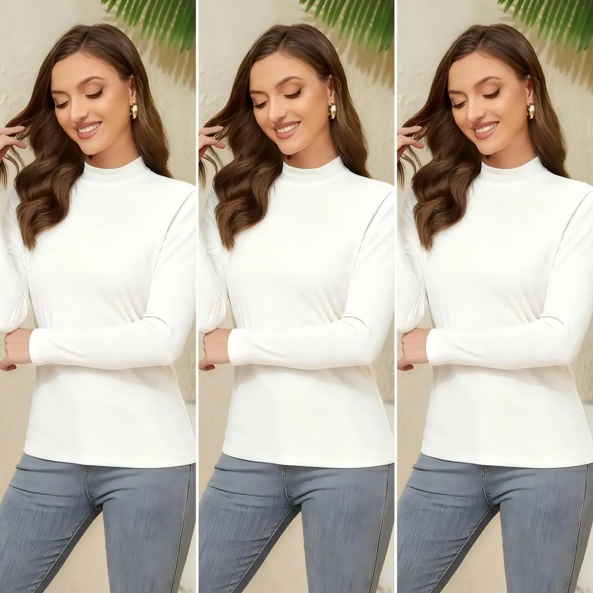 

3PCS Set Solid Basic Shirts Women Autumn All-Match T Shirt Y2K Half High Neck Clothing Elasticity Fleece Woman Long Sleeves