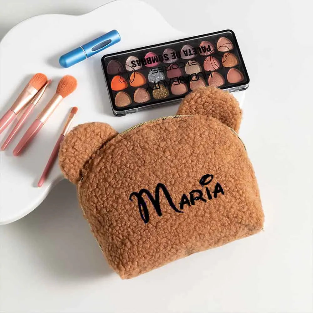 Custom Name Personalized Embroidered Teddy Fur Pouch Travel Toiletry Bag Makeup Bag Women's Fashion Accessories