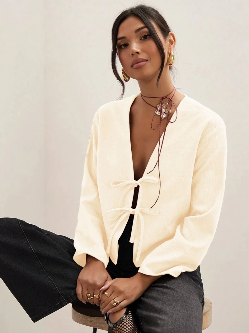 Abrikoos dames casual blouse met striksluiting, sexy overhemd, comfortabele pasvorm, modieuze top voor kantoor- en vrijetijdskleding