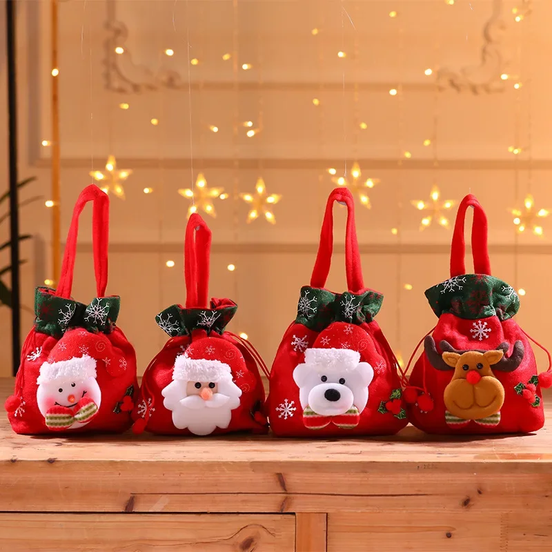 

20pcs Festive Reindeer Snowman Santa Claus Bags Christmas Drawstring Fabric for Party Favors Gifts Candy Children Decoration