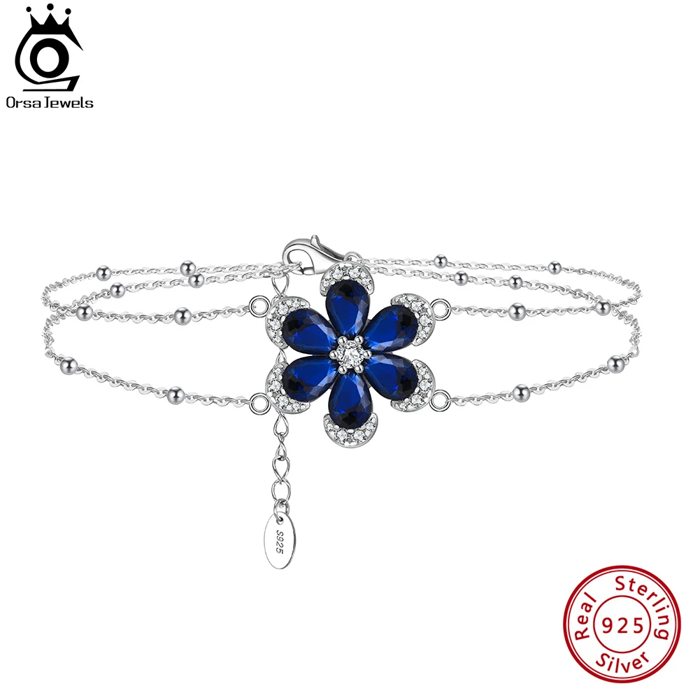 

ORSA JEWELS Exquisite Created Sapphire Flower Bracelet 925 Sterling Silver 5A Zircon Chain Bracelet Jewelry for Women Girl LZB03