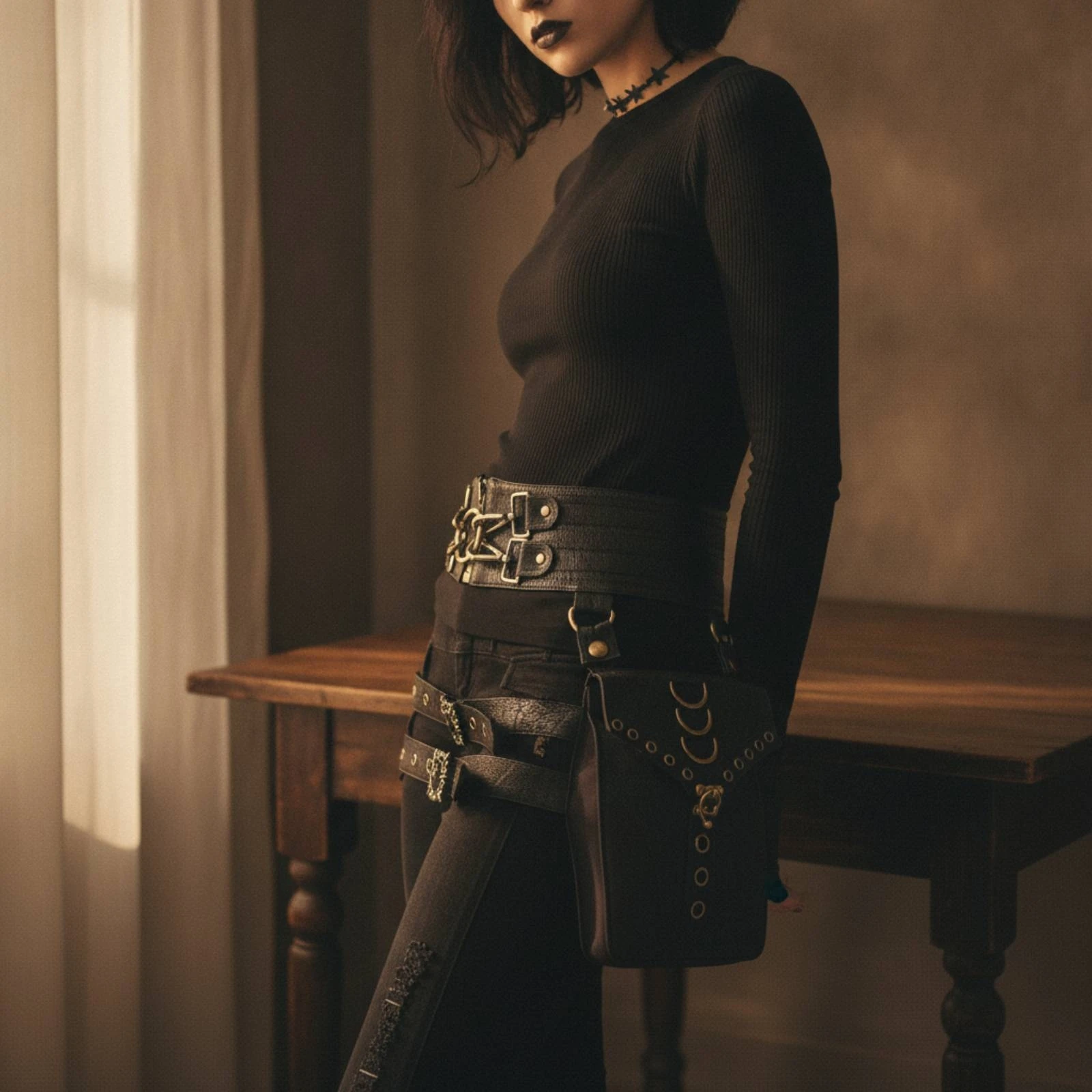

Waist Bag with Side Pouches Adjustable Gothic Hip Bag Pouch Rivet for Cosplayers, Streetwear, Festivals