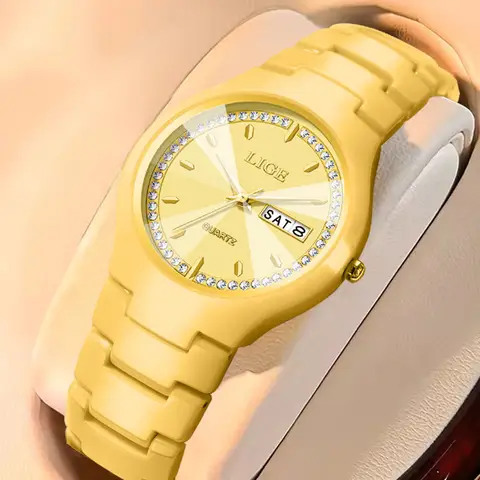 LIGE 여성용 새 골드 쿼츠 시계, 패션 우아한 여성용 팔찌 시계, 독창적인 세라믹 스트랩 방수 날짜 표시 여성용 시계 LIGE 여성용 새 골드 쿼츠 시계, 패션 우아한 여성용 팔찌 시계, 독창적인 세라믹 스트랩 방수 날짜 표시 여성용 시계