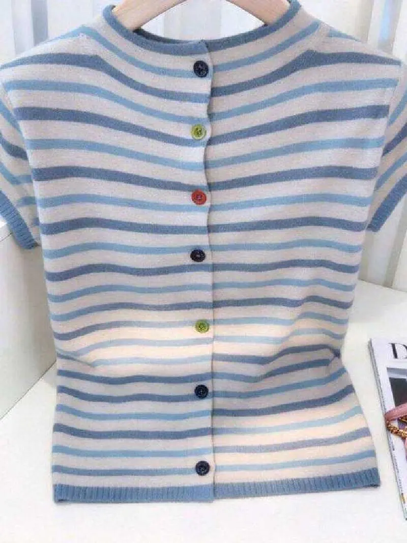 

Korean Style Striped Elegant Knit Cardigan 2026 Summer New Women Slim Fit Flutter Short Sleeve Trendy Fashion Open Front Top