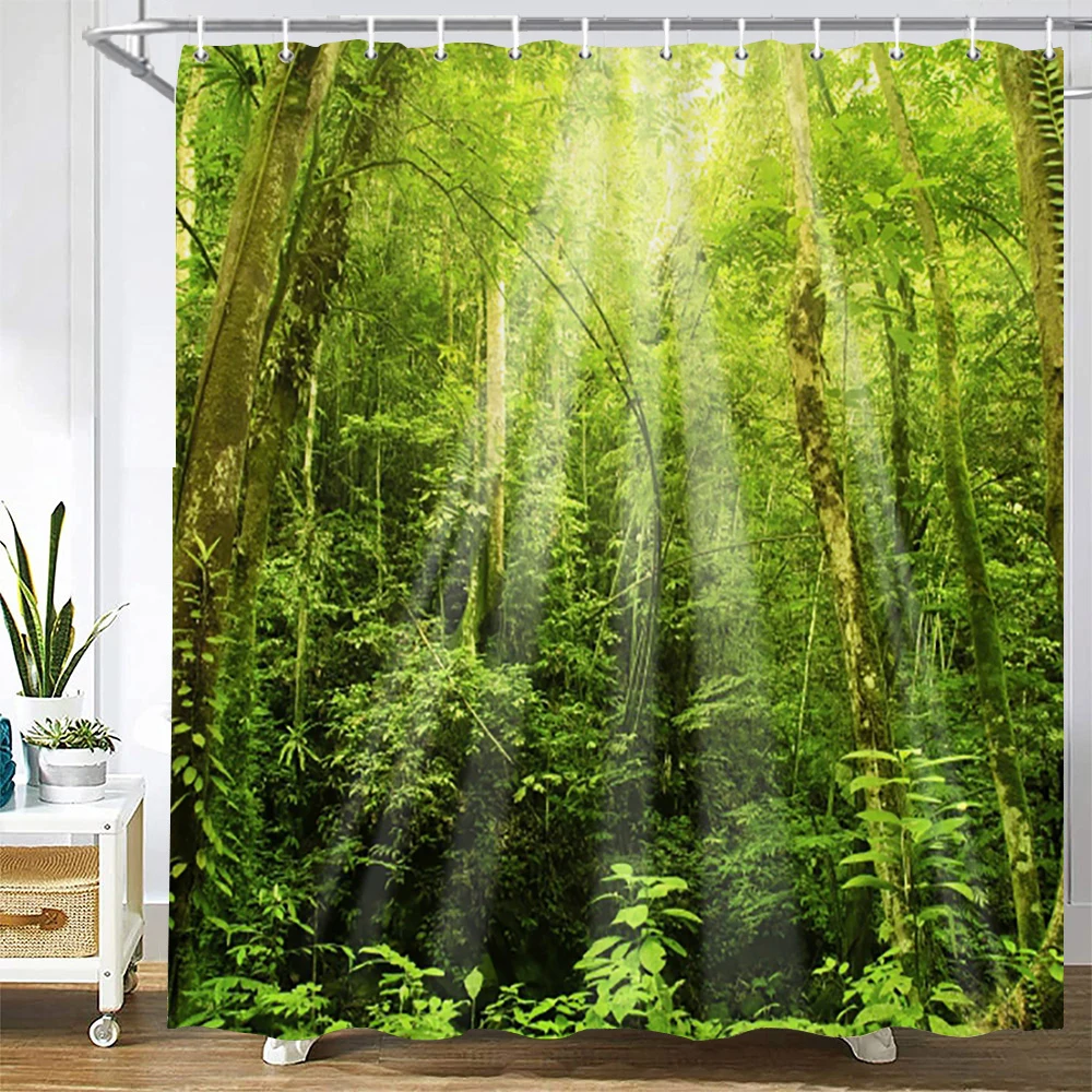 

Tropical Rainforest Forest Shower Curtains Bathroom Curtain 3D Natural landscape Fabric Waterproof Bath Curtain with Hooks