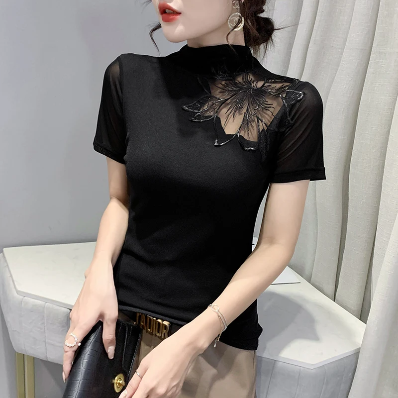 

Summer Korean Clothes Mesh T-Shirt Chic Sexy Mock Neck Patchwork Embroidery Women Tops Short Sleeve Bottoming Shirt Tees 32020