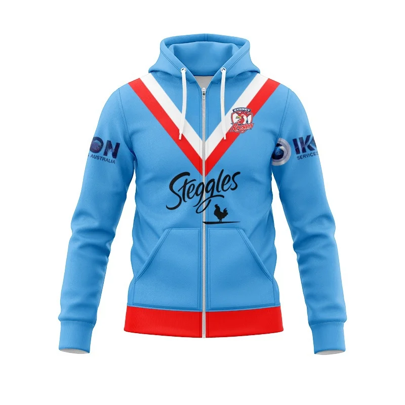 Sydney Roosters-2024 รักบี้/ซิปHoodie-ท้องถิ่น/บ้าน/ออกไป/การฝึกอบรม/Legion/Top Rugby Zipper Hoodie -S-5XLCustomizabie