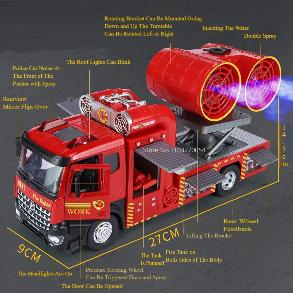 1/18 Scale Exhaust Fire Truck Model Alloy Diecast Toy Car Exhaust Spray Sound Effect Pull Back Vehicle with Storage Bin Boy Gift