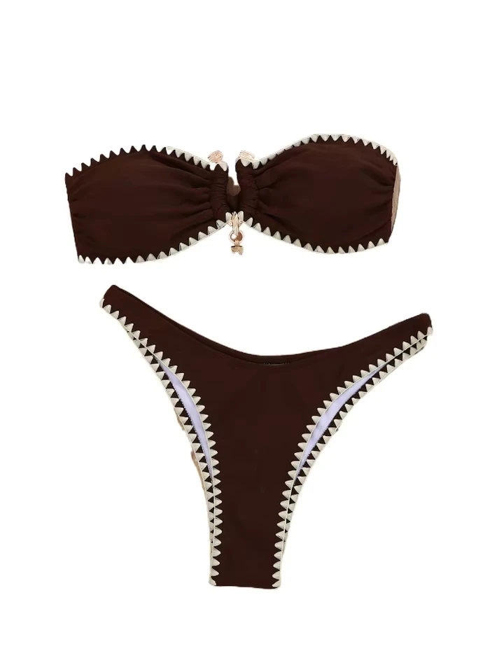 

Bikini fashion strapless swimsuit with pattern, high-waisted, sexy, color-blocking swimwear