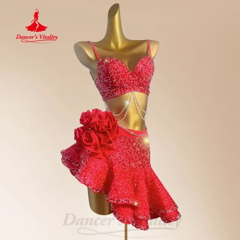 Costume da ballo latino per adulti e bambini Top di lusso personalizzato con diamanti pieni + gonna sexy a coda di pesce 2 pezzi Abbigliamento per spettacoli di tango samba