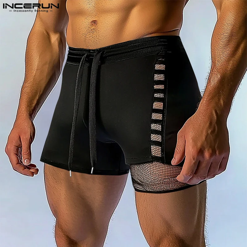 INCERUN Mode Mannen Shorts Mesh Patchwork Trekkoord Joggers Hol Sexy Mannelijke Shorts 2025, See Through Streetwear Mannen Bodems
