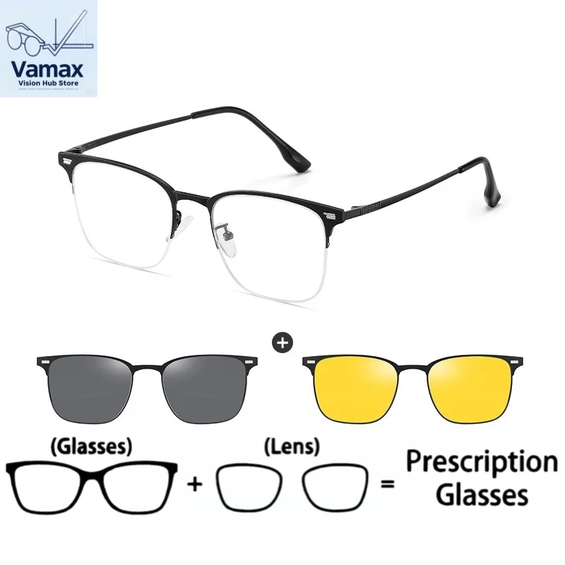 

Vamax magnetic sunglasses for men clip on prescription lens blue light block half frame