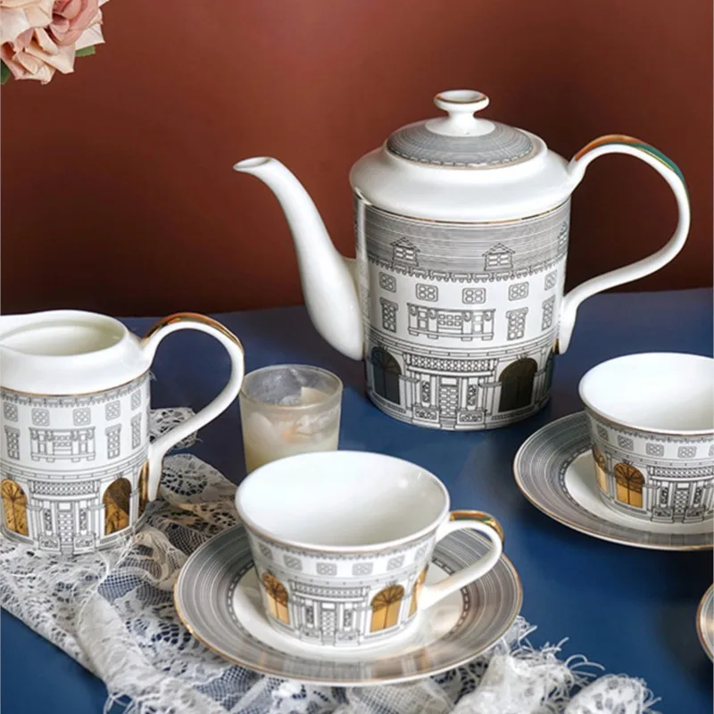 

11Pcs/Set Architettura Design Bone China Tea Set Coffee Pot Milk Pot Sugar Bowl Cups and Saucer Set Retro Swan Castle Turkish