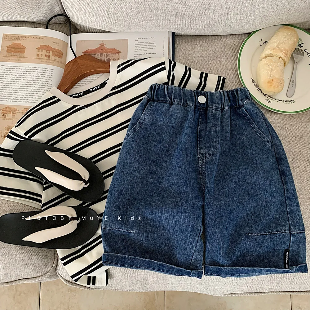 

Childrens Boys Cropped Pants Summer Korean Denim Toddler Boys Mid Pants Solid Color Stylish Kids Boys Jeans