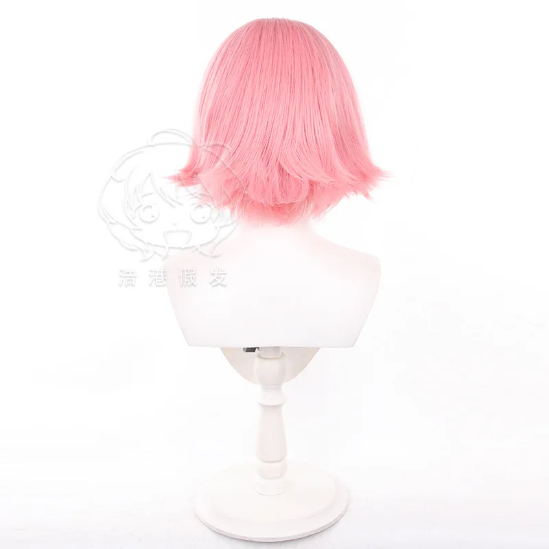 Anime Harlot Saku Cosplay Perruques pour Femme, Cheveux Synthétiques, Bonnet de Perruque, Court, Rose, Costume de ix, Degré de Chaleur, 35cm
