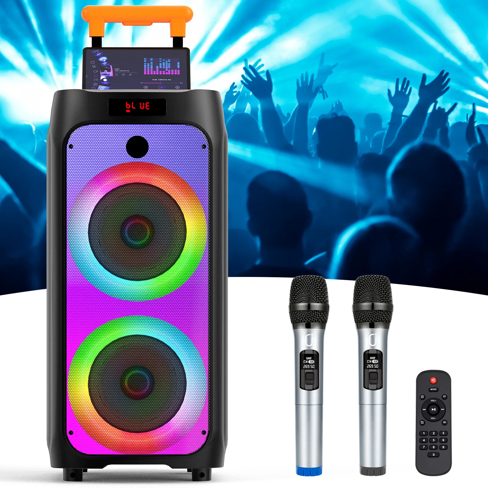 آلة T8Karaoke، مكبر صوت بلوتوث محمول مع 2 ميكروفونات كاريوكي لاسلكية، آلة كاريوكي للبالغين والأطفال للحفلات المنزلية