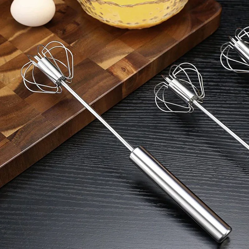 Batidor de cocina de acero inoxidable, batidor de huevos semiautomático a presión manual, mezclador de crema giratorio automático, accesorios para