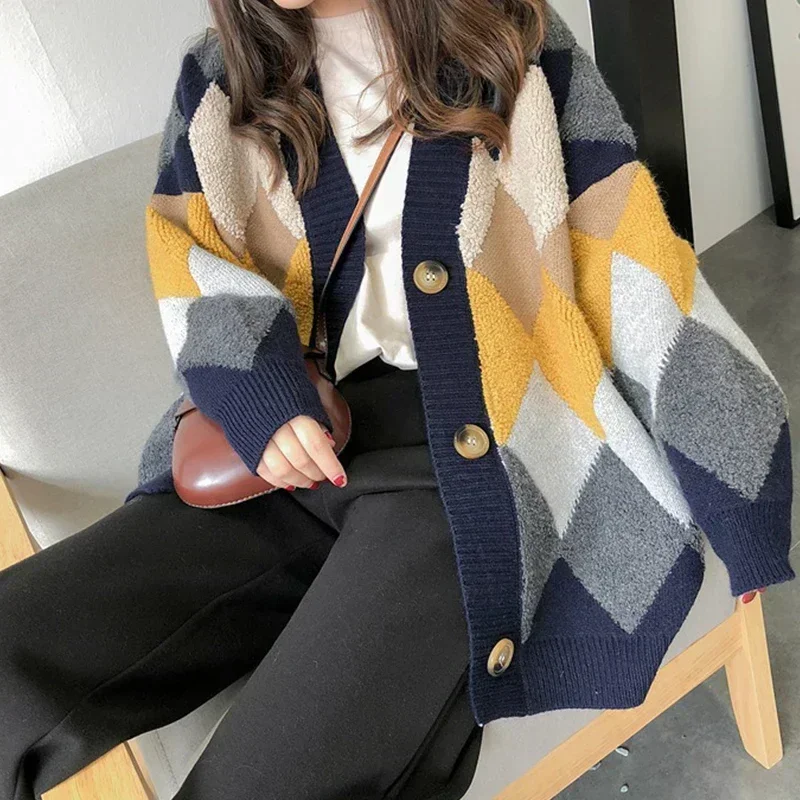 Autumn Long Sleeve Plaid Cardigans Women Korean Loose Checkered Button Sweaters Winter Woman Warm Sweater Oversized Streetwear