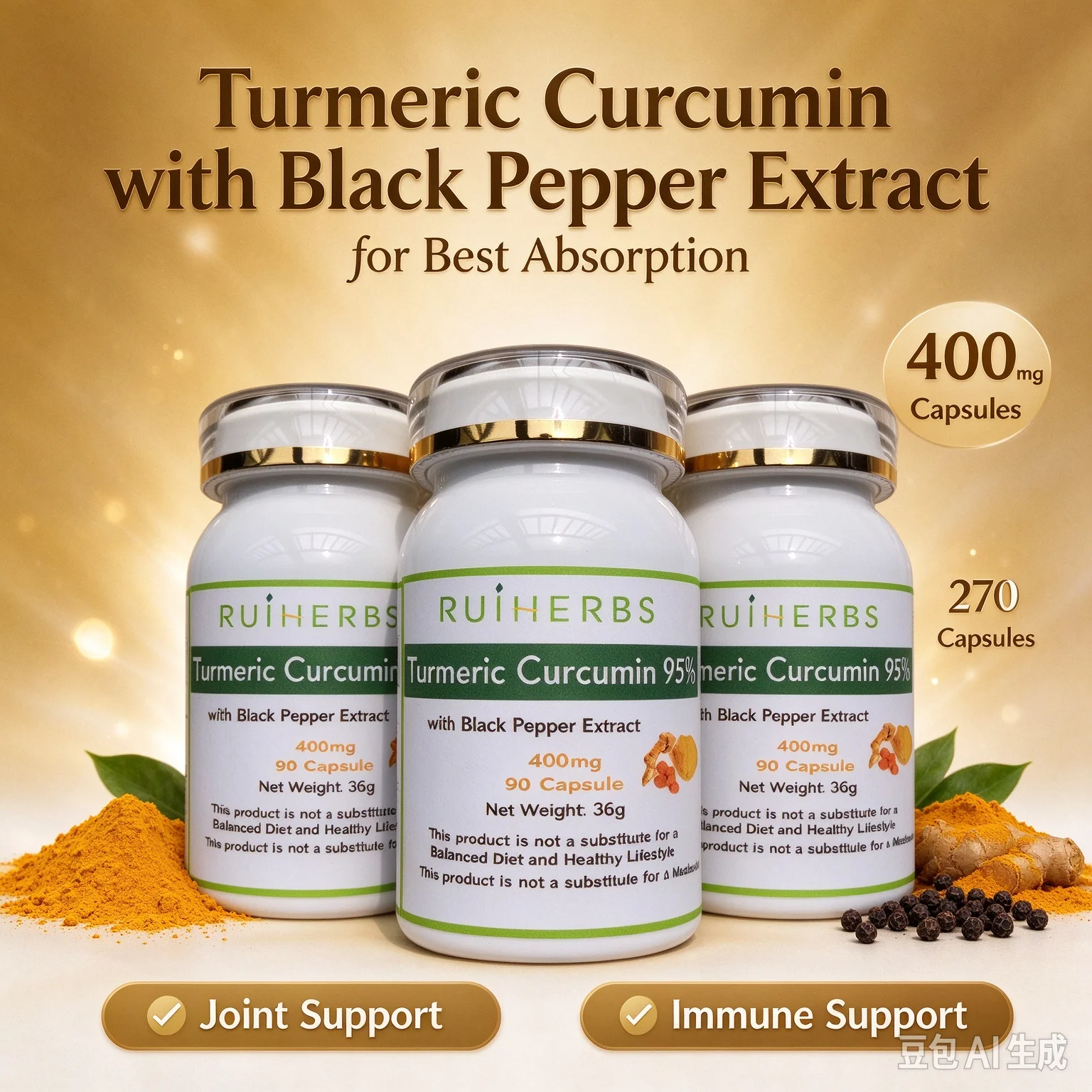 Turmeric Curcumin with Black Pepper Extract for Best Absorption,400mg - 270 Capsules