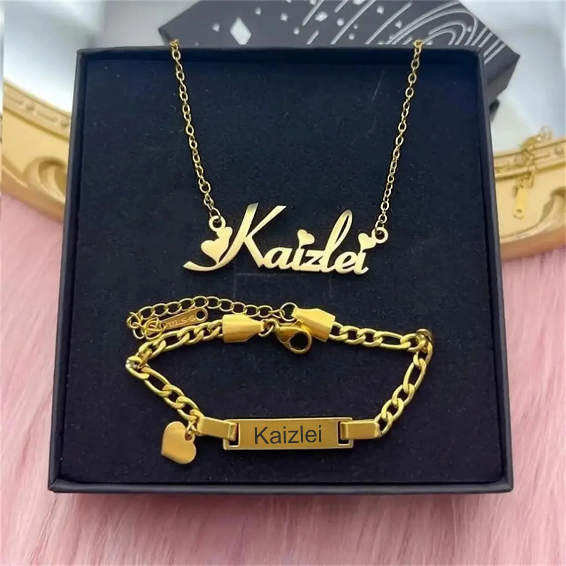 Haiyufly Personalisiertes Namens-Halsketten-Armband-Schmuckset für Frauen, Edelstahl, personalisierte Krone, Herz, Halsband, Kette, Geburtstagsgeschenk