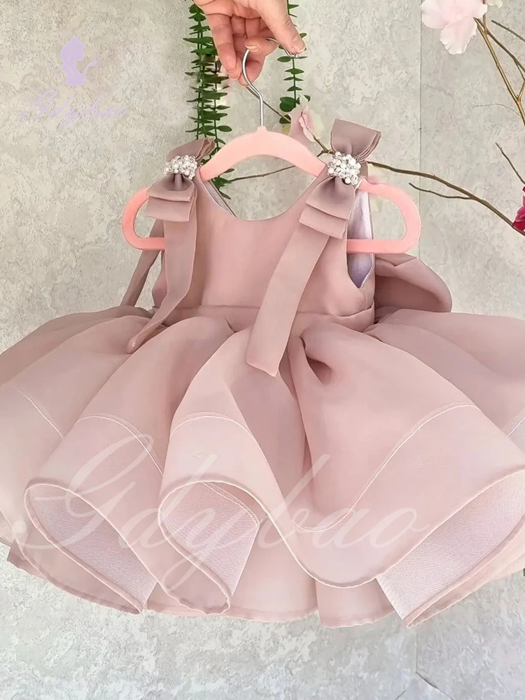 Rosa Baby-Blumenmädchenkleid für Hochzeit, bauschig, ärmellos, Tüll mit Schleife, Prinzessin, Kindergeburtstag, Party, Erstkommunion, Ballkleid