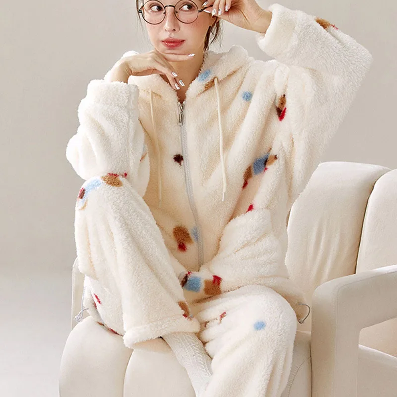2025 الخريف الشتاء الدافئة مبطن سميكة منامة للنساء الكرتون لطيف مقنعين سترة Homewear عادية لينة بيجامة 2 قطع مجموعة