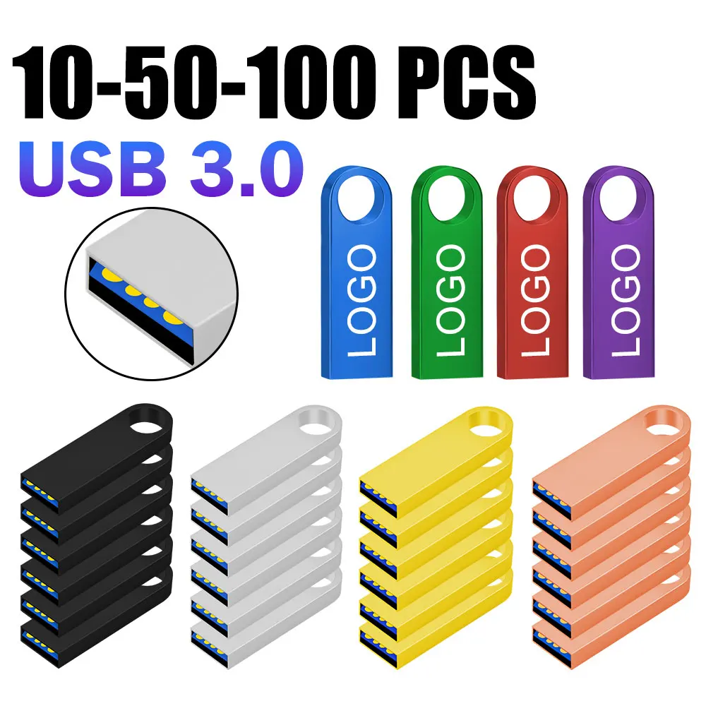 10/50/100 قطعة بندريف محرك فلاش USB 3.0 8 جيجابايت 16 جيجابايت 32 جيجابايت 64 جيجابايت 128 جيجابايت Cle USB المعادن شعار مجاني عصا محرك فلاش USB القلم محرك 128 جيجابايت
