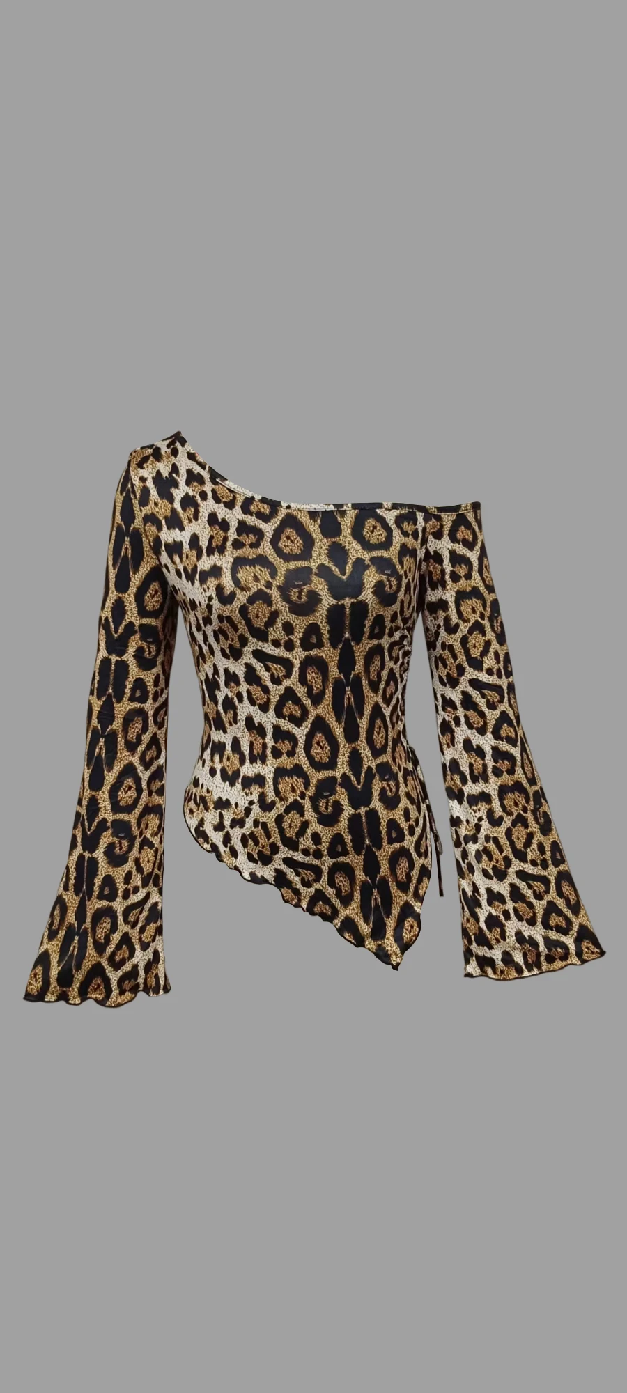 Uma nova camiseta de manga comprida com estampa de leopardo e gola elegante fora do ombro para mulheres