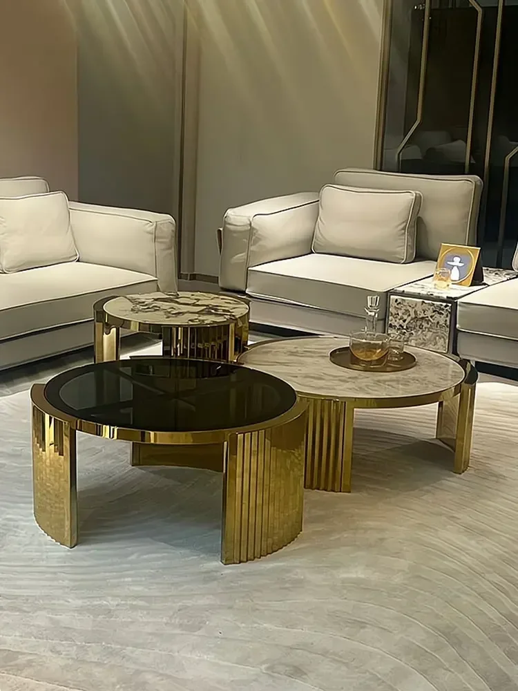 

Round Tea Table Combination Luxury High-Grade Stainless Steel Marble Living Room Coffee Table Side Table