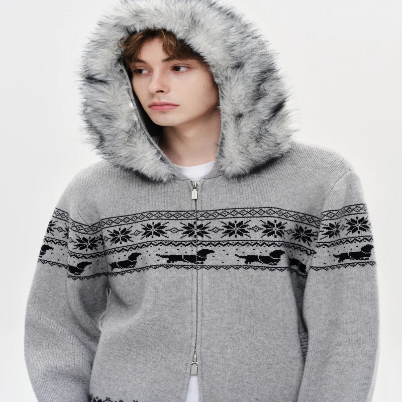 

Retro jacquard hooded long sleeved sweater jacket for women's winter loose knit sweater with double zipper top