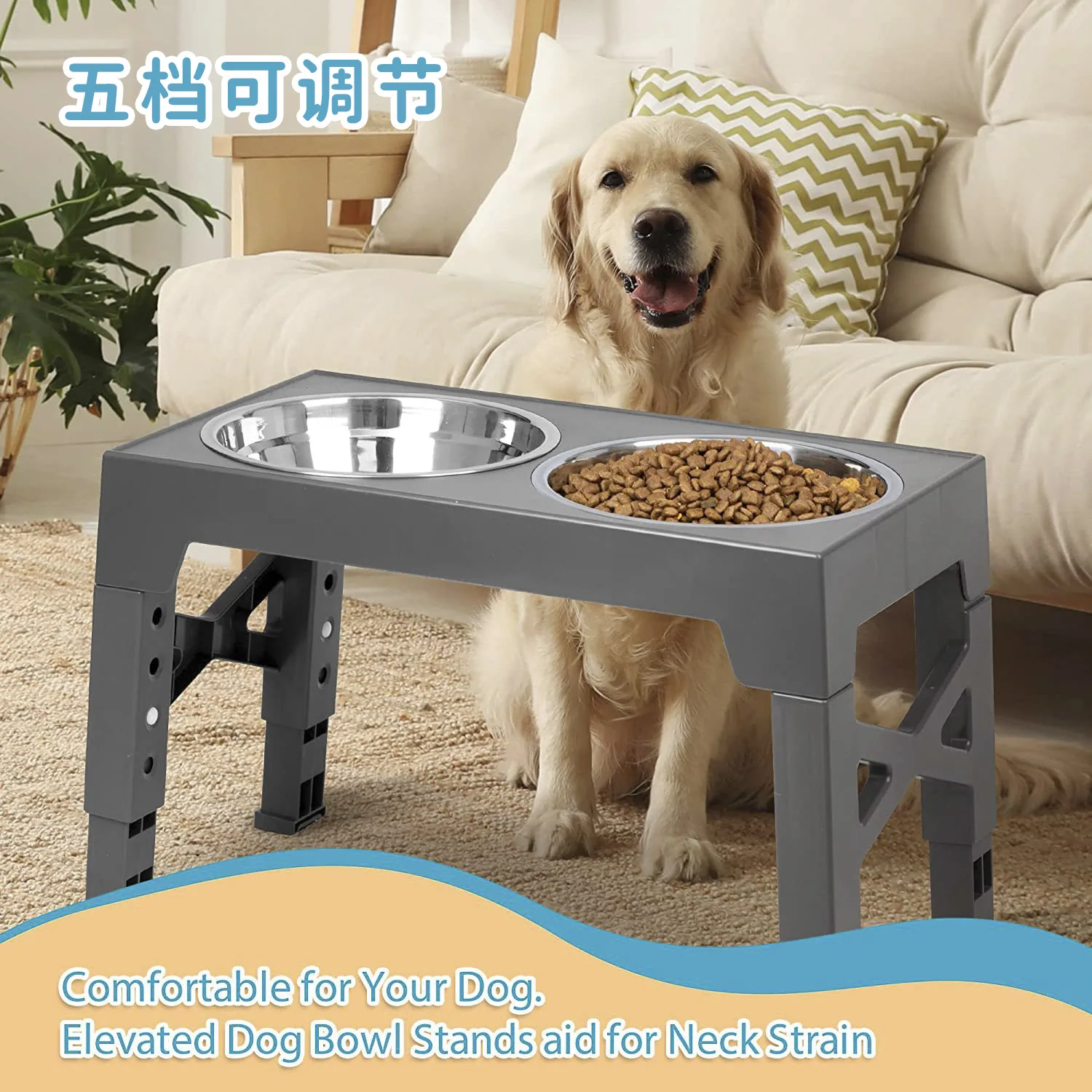 Stainless Steel Lifting Dog Bowl Large Dog Large Capacity Double Bowl 5 Height Adjustable Dog Food Bowl