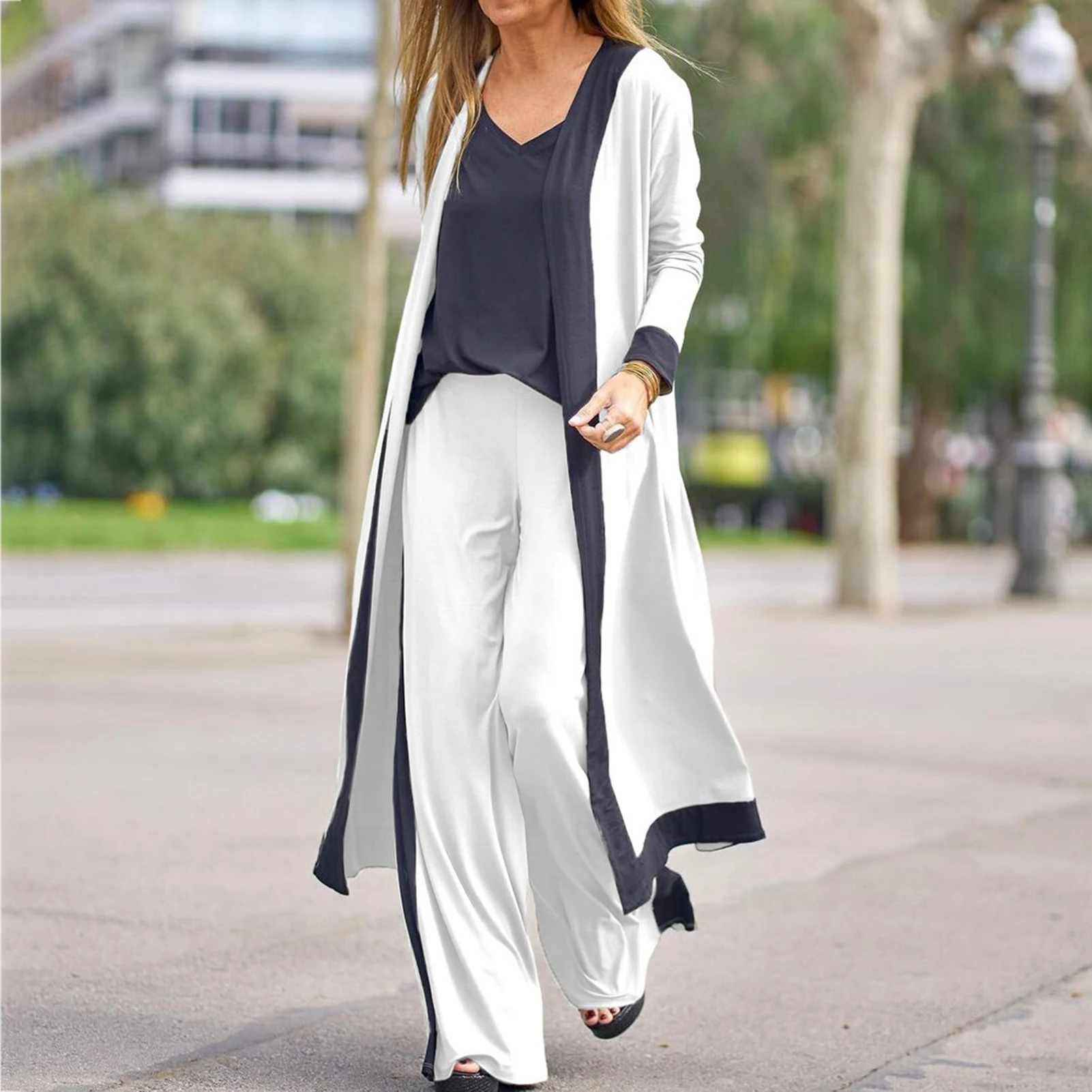 Autumn Winter 1 Set Stylish Cardigan Coat Sling Top Pants Homewear Set Three-Piece Women Outfit Color Block   for Office