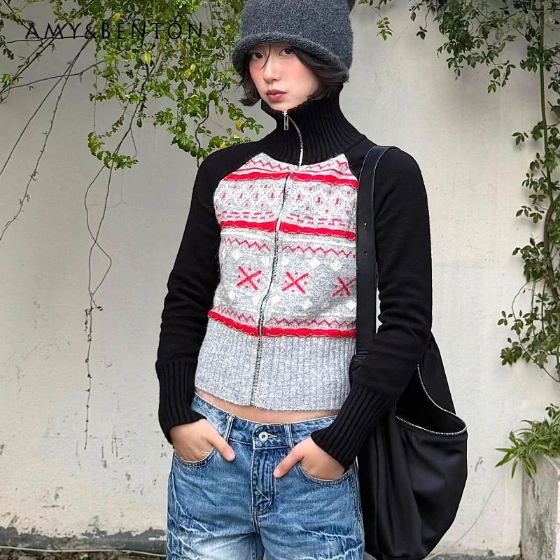 

American Retro High Neck Sweaters Women's Coats 2025 Winter New Sweet Cool Outfit Knitted Slimming Zipper Cardigan Top Ladies