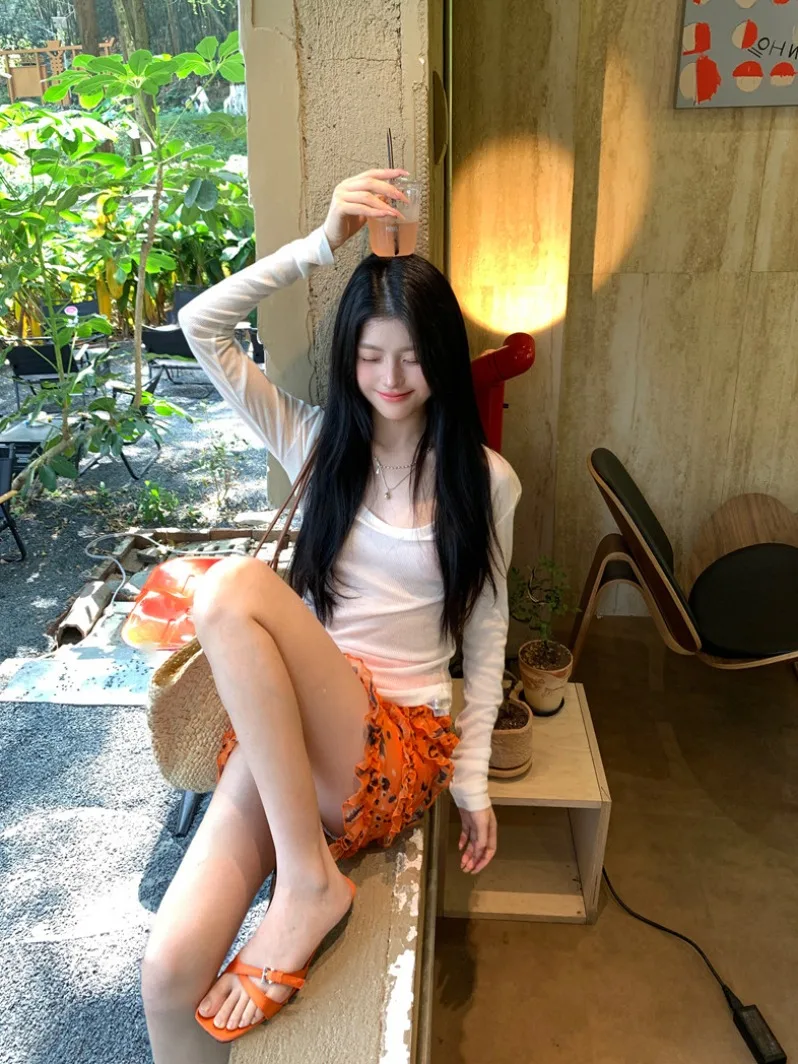 Conjunto de Verano para Mujer, Camiseta Delgada con Volantes Naranjas y Falda de Cintura Alta, Protección Solar, Manga Larga