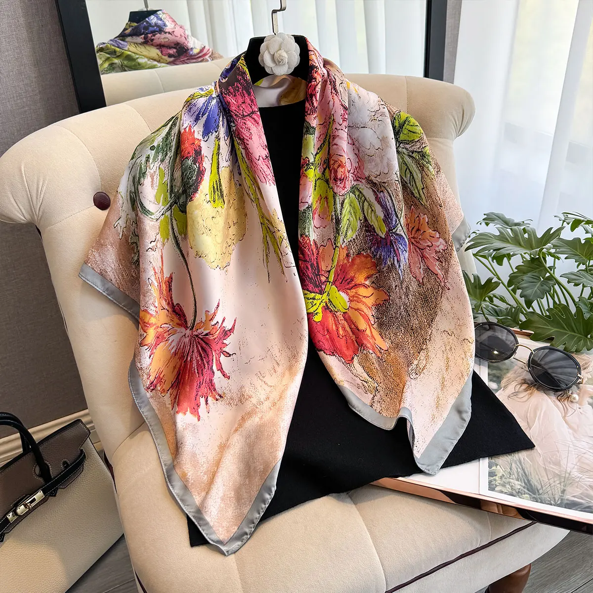 Spring and Summer Floral Design 90*90cm Women Scarf Sunscreen Foulard Shawl Hijab Female Hair Hijab Wraps Neckerchief Bandanda
