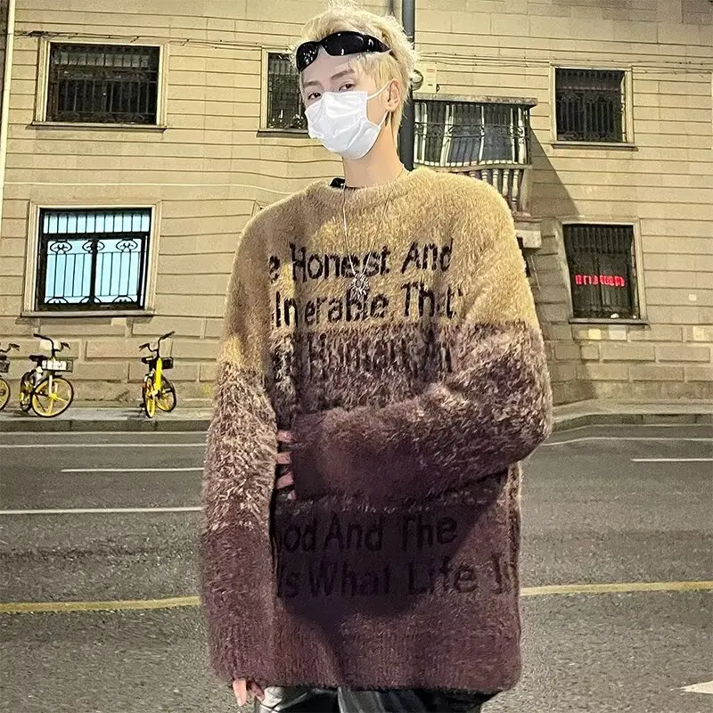 

Мужской вязаный свитер больших размеров с круглым вырезом, свободного кроя, с градиентным цветовым узором, из шерсти и искусственного меха норки, осенне-зимний, модный