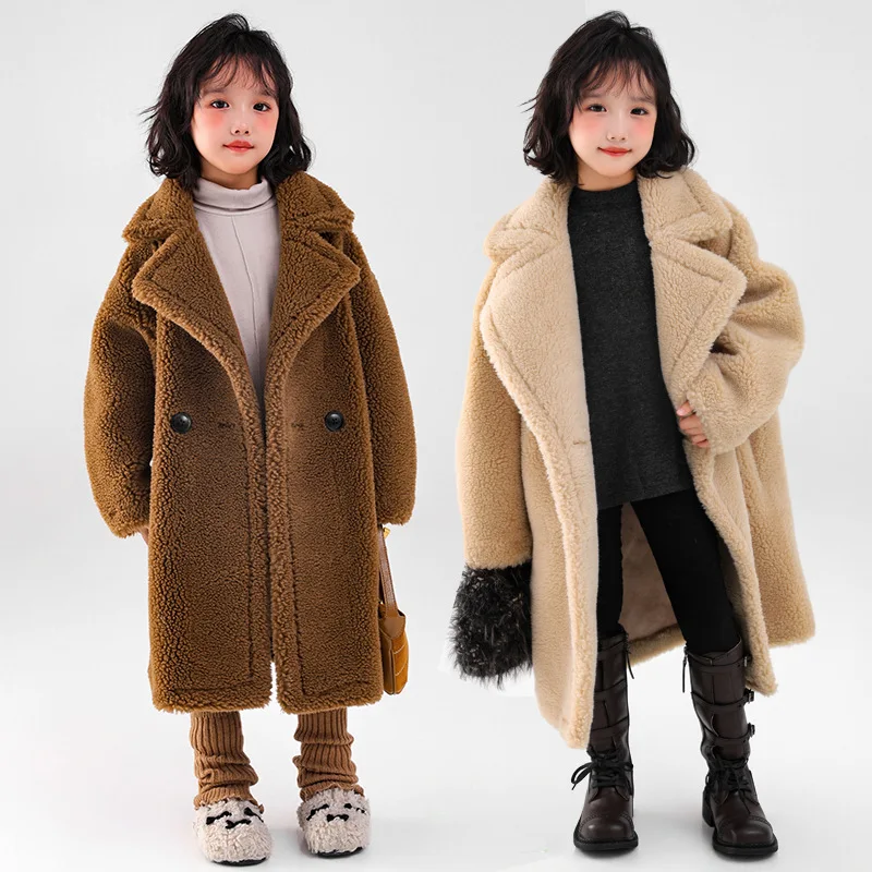 

2025 New Girls Long Autumn Coat Faux Fur Mid-Length Korean Fashion Solid Color Jacket Plush Lamb Wool Winter Coat for Kids
