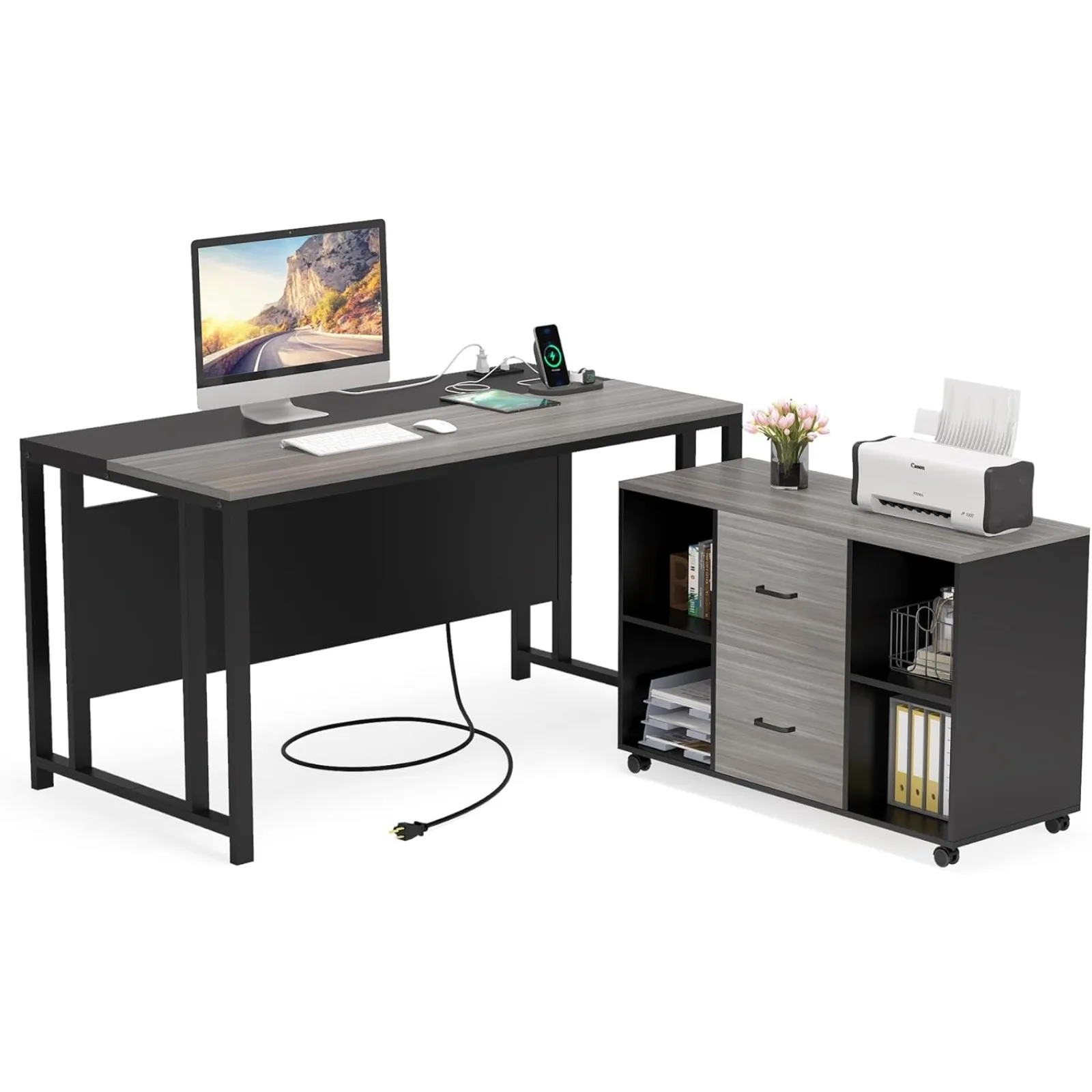 

US 55'' Large Executive Desk with Lateral File Cabinet,Grey