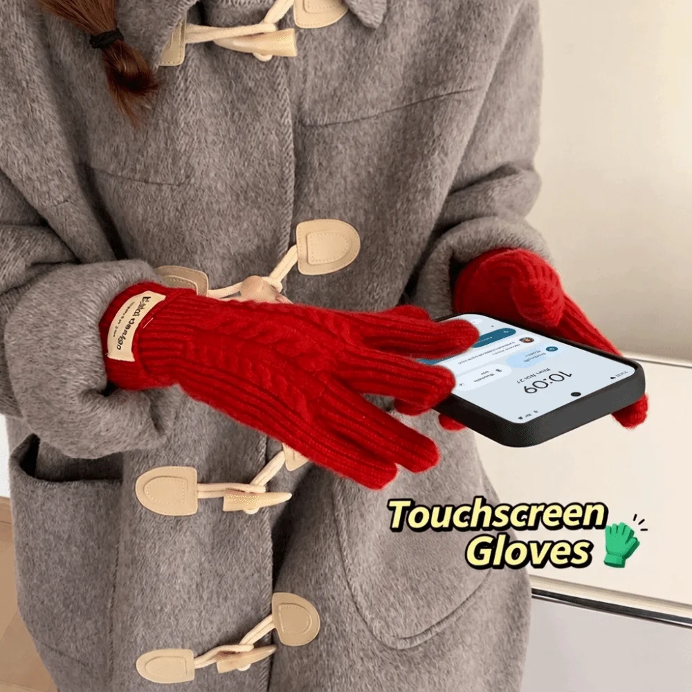 Polyester Cable Knitted Gloves Solid Color Long Cuff Design Full Finger Gloves One Size Warm Lining Touch Screen Gloves