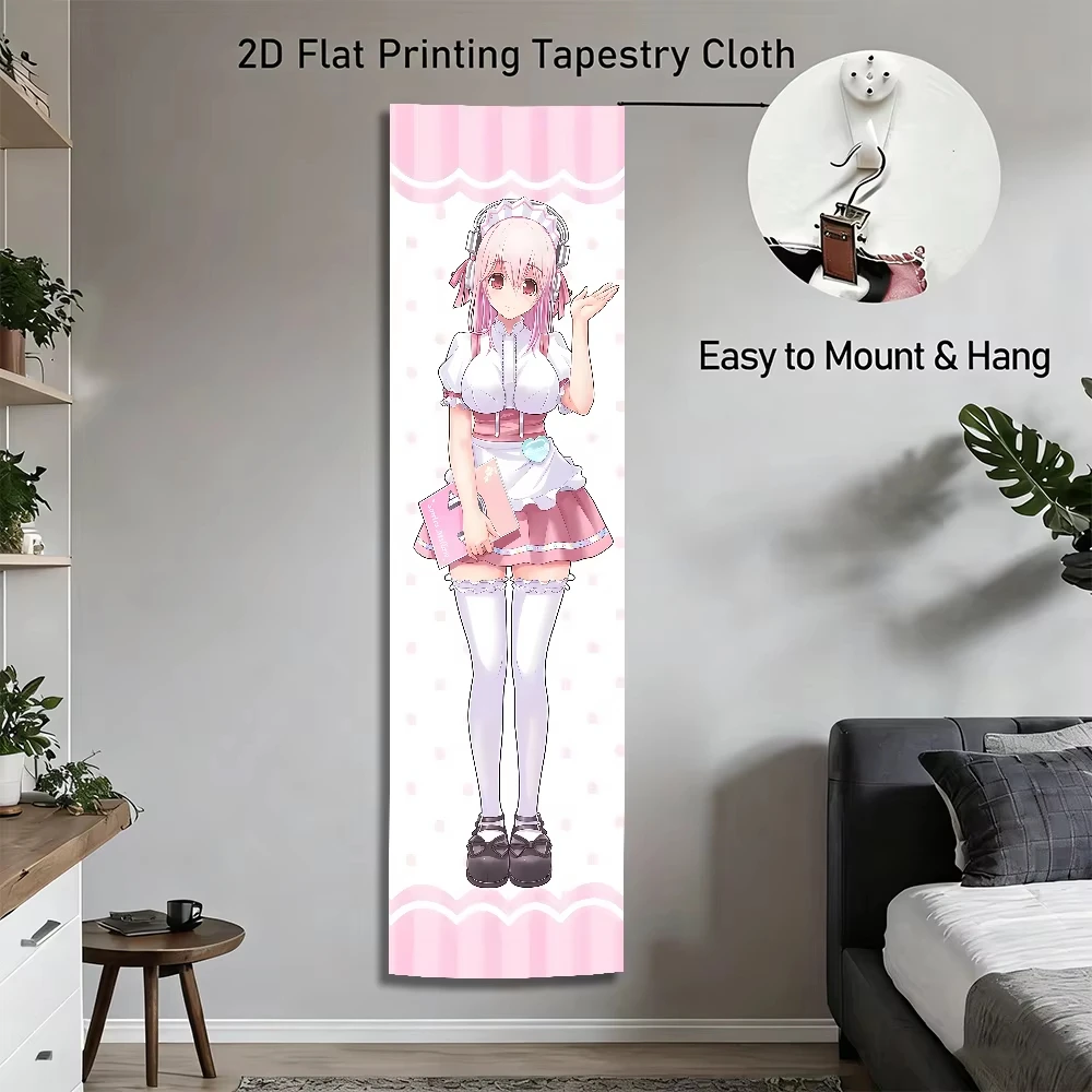 Super Sonico Maid Outfit Vertical Tapestry, Pink Polka Dot Wall Scroll, Kawai Anime Long Hanging Decor for Bedroom, Otaku Room